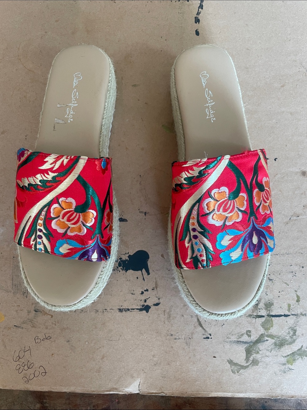 Miss Selfridge Red Floral Slide Sandals with Multicolor Accents